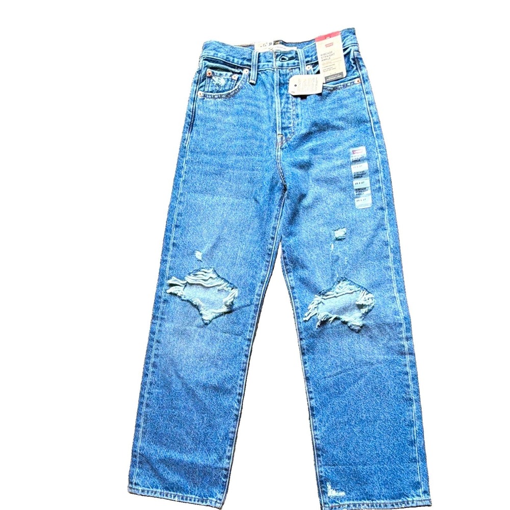 Levi's Ribcage High Rise Slim Straight Ankle Jeans Blue Medium Wash Distressed